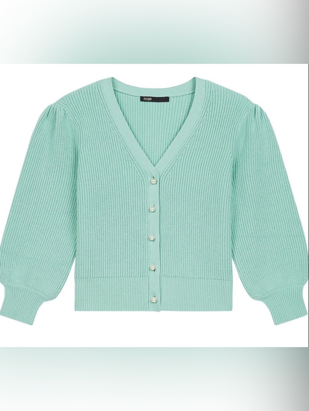 Maje Mistou Ribbed Knit Cardigan Mint Green Pearl Button - Size Small